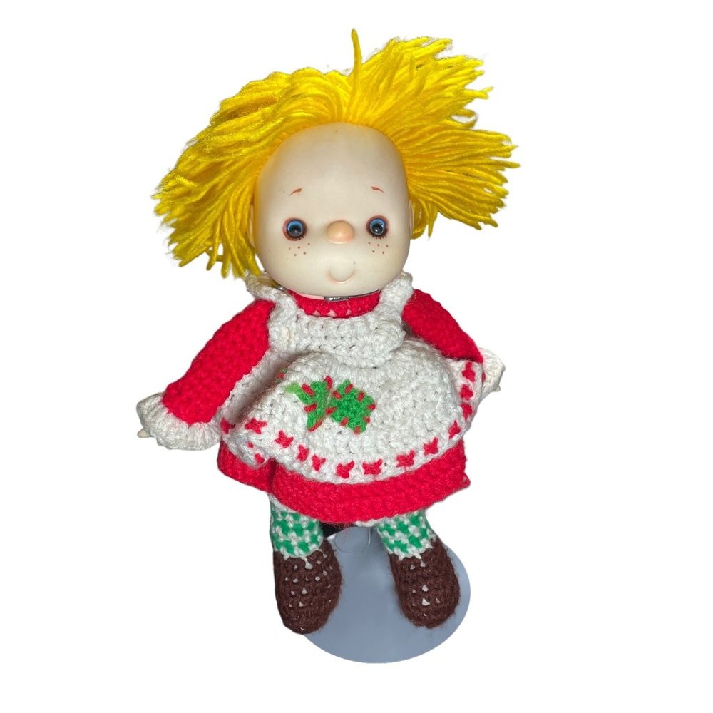 1980s Vintage Handmade Crocheted Vinyl Face Hands Rainbow Yellow Hair Brite Red